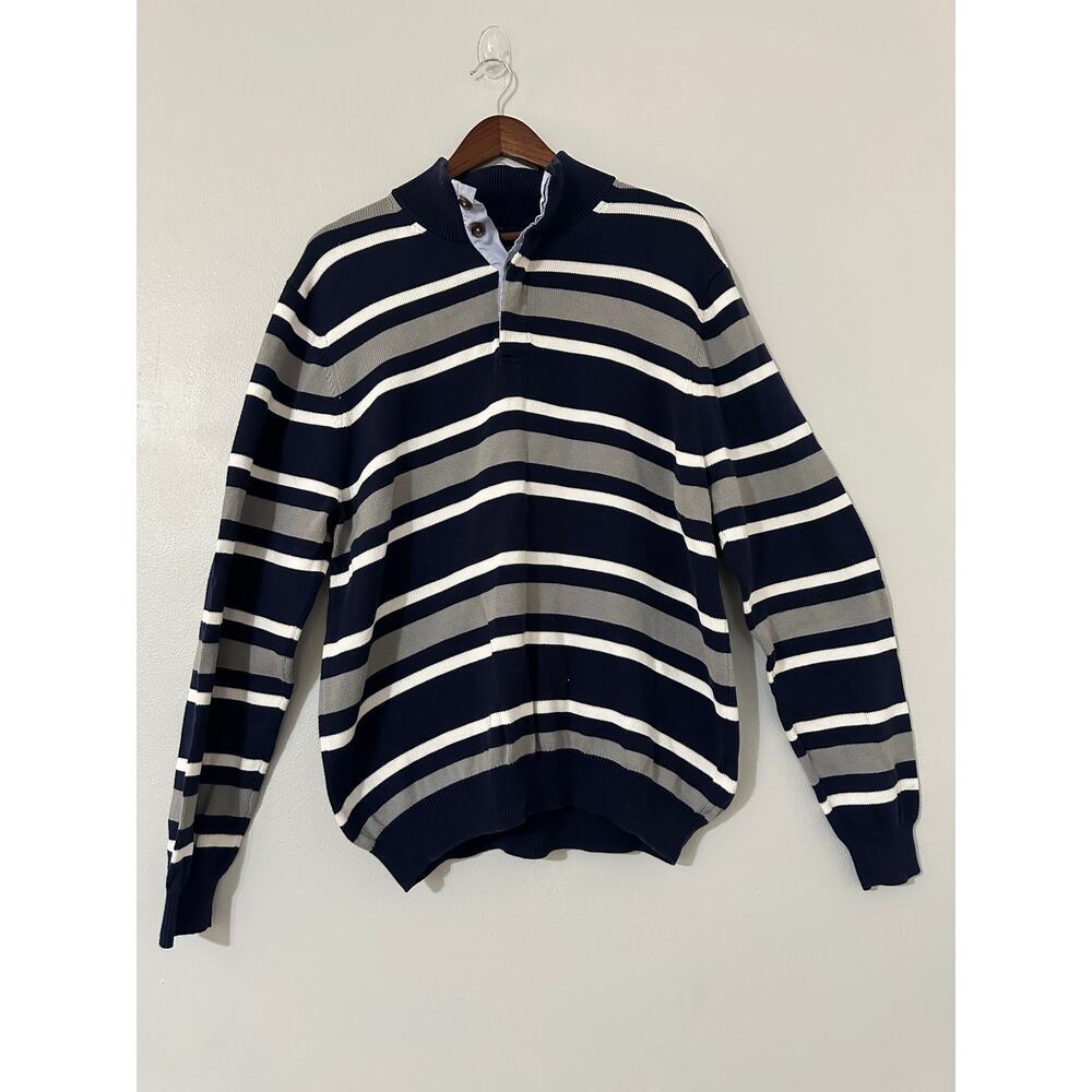 Men's Navy and White Striped Quarter‑Zip Sweater